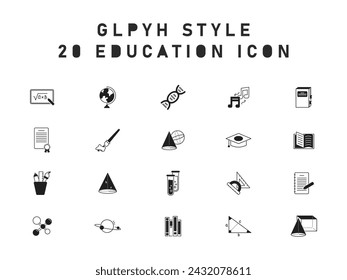20 Collection Of Education Icon,  Pencil, Book, Whiteboard, Globe, Ruler. Vector Illustration.