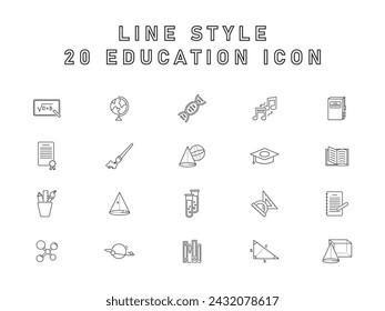 20 Collection Of Education Icon,  Pencil, Book, Whiteboard, Globe, Ruler. Vector Illustration.