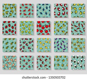 20 collection seamless pattern food,fruit and vegetable. Mega collection seamless pattern. For wallpaper, fabric, textile,and design cloth
