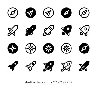 20 Compass and Rocket Icons Line and Solid style for Navigation and Speed