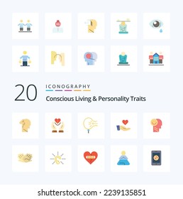 20 Concious Living And Personality Traits Flat Color icon Pack like giving charity heart stress blow