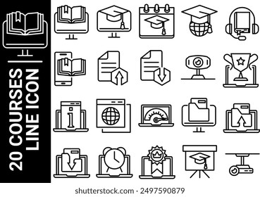 Icono de línea de 20 cursos, blanco y negro