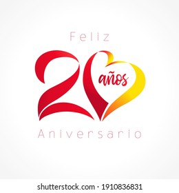 20 creative decorative numbers and calligraphic text in Spanish Happy Anniversary. 20 years in Spanish language. Happy Valentines Day congrats decoration idea Isolated abstract graphic design template