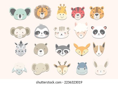 20 cute hand drawn animal faces with cartoon style. Vector illustration for kids suitable for fashion, print, birthday, post cards an others
