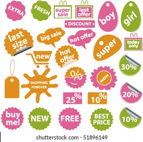 20 süße Shopping-Aufkleber. Vektorgrafik