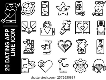 20 dating app line icon, black and white