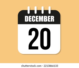 20 day december icon. Black and white december month calendar vector on orange background.