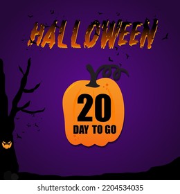 20 day to go halloween day, vector art illustration with fantastic font and nice violet purple color background. with cute pumpkin and eye on tree