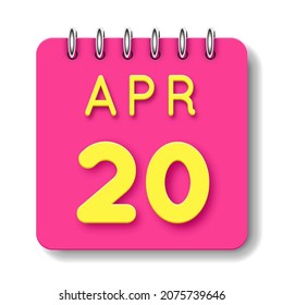 20 day of the month. 20 April. Cute calendar daily icon. Date day week Sunday, Monday, Tuesday, Wednesday, Thursday, Friday, Saturday.