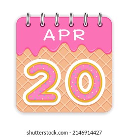 20 day of the month. April. Waffle cone calendar with melted ice cream. 3d daily icon. Date. Week Sunday, Monday, Tuesday, Wednesday, Thursday, Friday, Saturday. White background. Vector illustration.