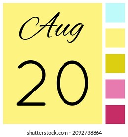 20 day of the month. August. Cute calendar daily icon. Date day week Sunday, Monday, Tuesday, Wednesday, Thursday, Friday, Saturday.