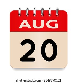 20 day of the month. August. Flip old formal calendar. 3d daily icon. Date. Week Sunday, Monday, Tuesday, Wednesday, Thursday, Friday, Saturday. Cut paper. White background. Vector illustration.