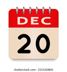 20 day of the month. December. Flip old formal calendar. 3d daily icon. Date. Week Sunday, Monday, Tuesday, Wednesday, Thursday, Friday, Saturday. Cut paper. White background. Vector illustration.