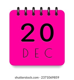 20 day of the month. December. Pink calendar daily icon. Black letters. Date day week Sunday, Monday, Tuesday, Wednesday, Thursday, Friday, Saturday. Cut paper. White background. Vector illustration.