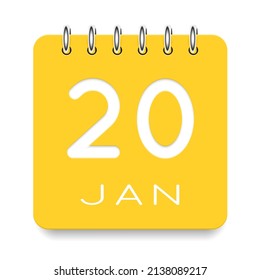 20 day of the month. January. Cute yellow calendar daily icon. Date day week Sunday, Monday, Tuesday, Wednesday, Thursday, Friday, Saturday. Cut paper. White background. Vector illustration.