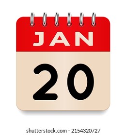 20 Day Of The Month. January. Flip Old Formal Calendar. 3d Daily Icon. Date. Week Sunday, Monday, Tuesday, Wednesday, Thursday, Friday, Saturday. Cut Paper. White Background. Vector Illustration.