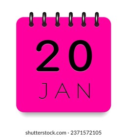 20 day of the month. January. Pink calendar daily icon. Black letters. Date day week Sunday, Monday, Tuesday, Wednesday, Thursday, Friday, Saturday. Cut paper. White background. Vector illustration.
