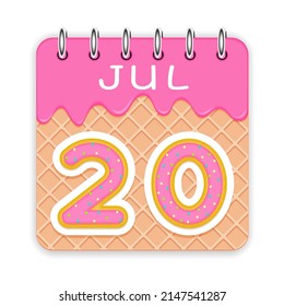20 day of the month. July. Waffle cone calendar with melted ice cream. 3d daily icon. Date. Week Sunday, Monday, Tuesday, Wednesday, Thursday, Friday, Saturday. White background. Vector illustration.