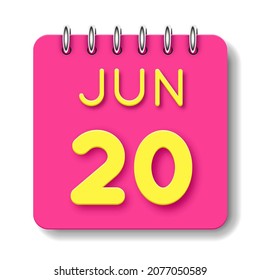 20 day of the month. 20 June. Cute calendar daily icon. Date day week Sunday, Monday, Tuesday, Wednesday, Thursday, Friday, Saturday.
