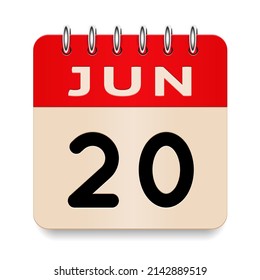 20 day of the month. June. Flip old formal calendar. 3d daily icon. Date. Week Sunday, Monday, Tuesday, Wednesday, Thursday, Friday, Saturday. Cut paper. White background. Vector illustration. 