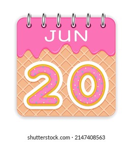 20 días del mes. Junio. Calendario de cono de gofre con helado derretido. Icono de 3d diario. Fecha. Semana Domingo, Lunes, Martes, Miércoles, Jueves, Viernes, Sábado. Fondo blanco. Ilustración vectorial.