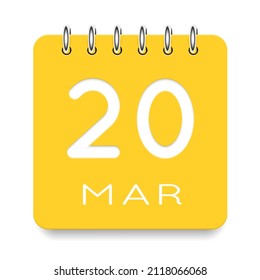 20 day of the month. 20 March. Cute yellow calendar daily icon. Date day week Sunday, Monday, Tuesday, Wednesday, Thursday, Friday, Saturday. Cut paper. White background. Vector illustration.