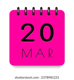 20 day of the month. March. Pink calendar daily icon. Black letters. Date day week Sunday, Monday, Tuesday, Wednesday, Thursday, Friday, Saturday. Cut paper. White background. Vector illustration.