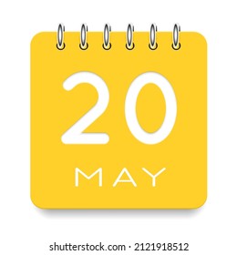 20 day of the month. May. Cute yellow calendar daily icon. Date day week Sunday, Monday, Tuesday, Wednesday, Thursday, Friday, Saturday. Cut paper. White background. Vector illustration.