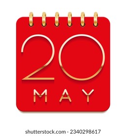 20 day of the month. May. Luxury calendar daily icon. Date day week Sunday, Monday, Tuesday, Wednesday, Thursday, Friday, Saturday. Gold text. Red paper. Vector illustration