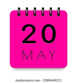 20 day of the month. May. Pink calendar daily icon. Black letters. Date day week Sunday, Monday, Tuesday, Wednesday, Thursday, Friday, Saturday. Cut paper. White background. Vector illustration.