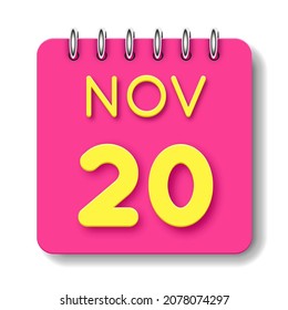 20 day of the month. 20 November. Cute calendar daily icon. Date day week Sunday, Monday, Tuesday, Wednesday, Thursday, Friday, Saturday.
