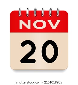 20 day of the month. November. Flip old formal calendar. 3d daily icon. Date. Week Sunday, Monday, Tuesday, Wednesday, Thursday, Friday, Saturday. Cut paper. White background. Vector illustration.