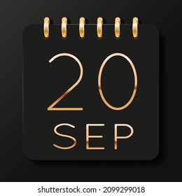 20 day of the month. September. Luxury calendar daily icon. Date day week Sunday, Monday, Tuesday, Wednesday, Thursday, Friday, Saturday. Gold text. Black background. Vector illustration.