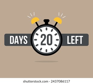 20 Days left chronometer. Clock counting days and remaining time, countdown alarm