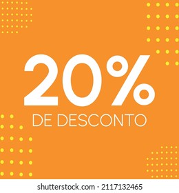 20% de desconto - (Traducción: 20% de descuento - 20%).  Etiqueta de descuento en portugués, brasileño. En colores: amarillo y naranja