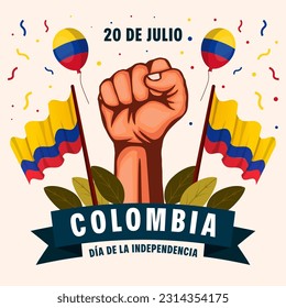 20 de julio colombia independence day illustration with hands, balloons, Colombian flags