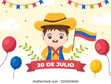 20 De Julio independencia De Colombia Cartoon Illustration with Flags, Balloons and Cute Kids People Characters for Poster Design