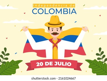 20 De Julio independencia De Colombia Cartoon Illustration with Flags, Balloons and People Characters for Poster Design