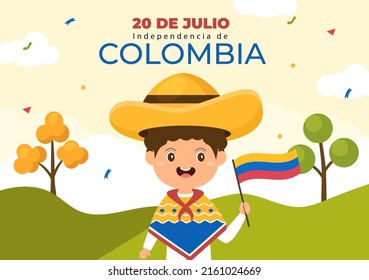 20 De Julio independencia De Colombia Cartoon Illustration with Flags, Balloons and Cute Kids People Characters for Poster Design