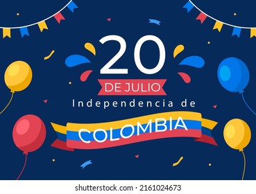 20 De Julio independencia De Colombia Cartoon Illustration with Flags and Balloons for Poster Style Design