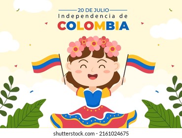 20 De Julio unabhändencia De Colombia Cartoon Illustration mit Flaggen, Balloons und Cute Kids People Characters for Poster Design
