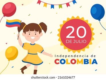 20 De Julio independencia De Colombia Cartoon Illustration with Flags, Balloons and Cute Kids People Characters for Poster Design