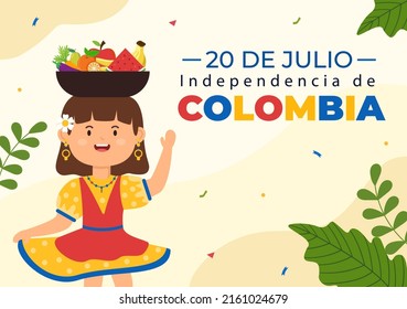 20 De Julio independencia De Colombia Cartoon Illustration with Flags, Balloons and Cute Kids People Characters for Poster Design