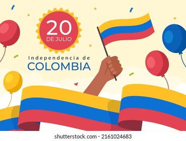 20 De Julio independencia De Colombia Cartoon Illustration with Flags and Balloons for Poster Style Design