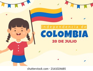 20 De Julio independencia De Colombia Cartoon Illustration with Flags, Balloons and Cute Kids People Characters for Poster Design