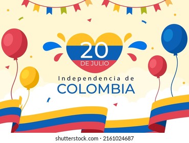 20 De Julio independencia De Colombia Cartoon Illustration with Flags and Balloons for Poster Style Design