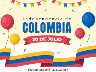 20 De Julio independencia De Colombia Cartoon Illustration with Flags and Balloons for Poster Style Design