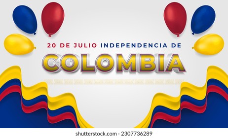 20 de Julio Independencia de Colombia or Colombia independence day greeting with Realistic Wavy Flags, and Balloons