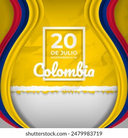 20 de Julio Independencia de Colombia greeting with flag ribbons, paper background, and copy space. Translate: 20th July Colombia Independence Day