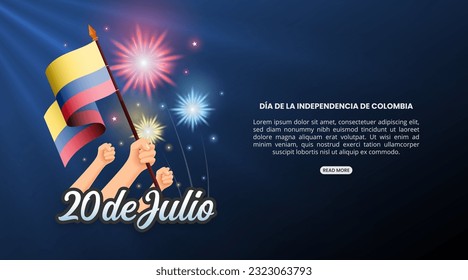 20 de Julio Día de la Independencia de Colombia or 20th July Independence Day of Colombia background with waving flag and fireworks